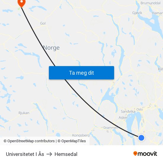 Universitetet I Ås to Hemsedal map