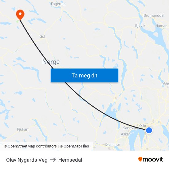 Olav Nygards Veg to Hemsedal map