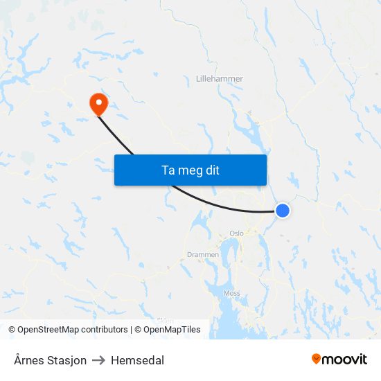 Årnes Stasjon to Hemsedal map