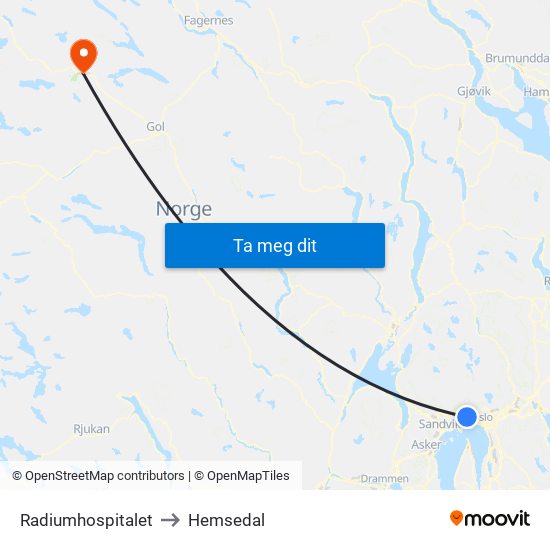 Radiumhospitalet to Hemsedal map