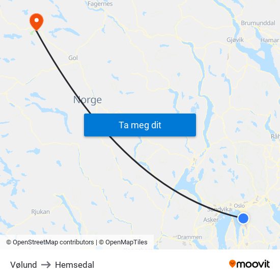 Vølund to Hemsedal map