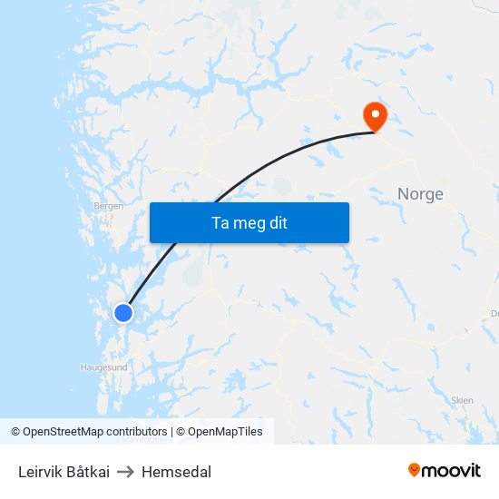 Leirvik Båtkai to Hemsedal map