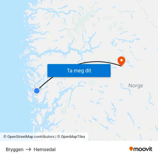 Bryggen to Hemsedal map