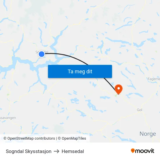Sogndal Skysstasjon to Hemsedal map
