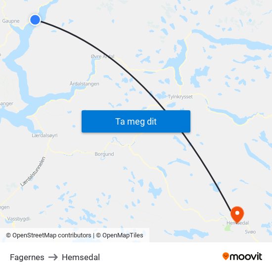 Fagernes to Hemsedal map