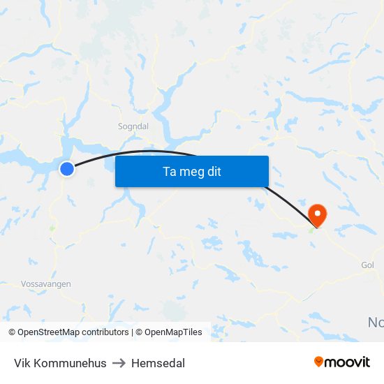 Vik Kommunehus to Hemsedal map