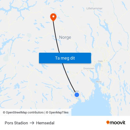 Pors Stadion to Hemsedal map