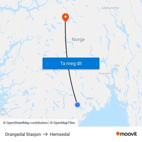 Drangedal Stasjon to Hemsedal map