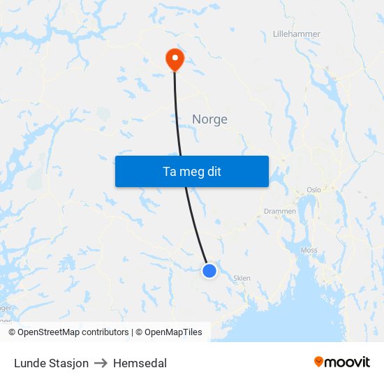 Lunde Stasjon to Hemsedal map