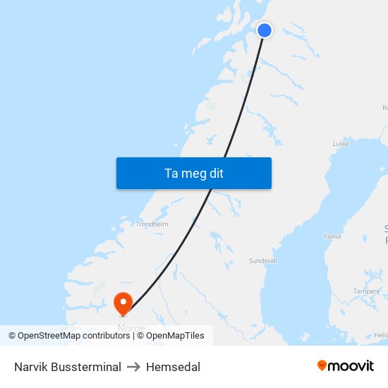 Narvik Bussterminal to Hemsedal map