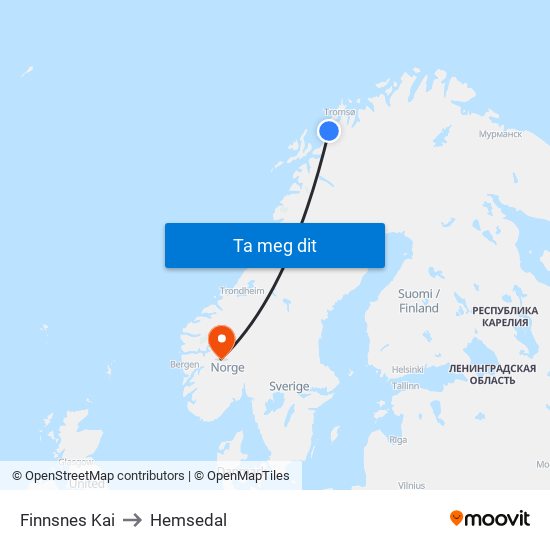 Finnsnes Kai to Hemsedal map