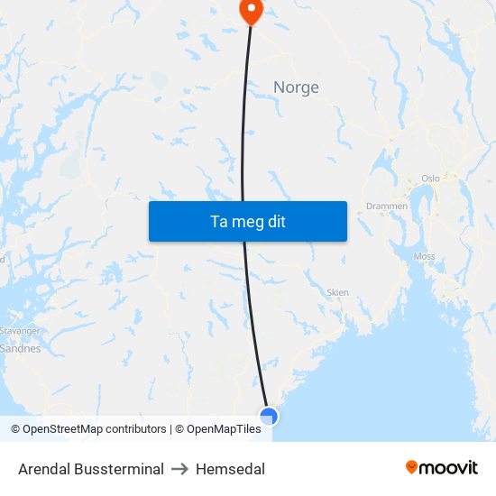 Arendal Bussterminal to Hemsedal map