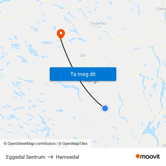 Eggedal Sentrum to Hemsedal map