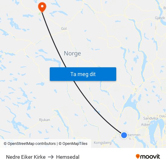 Nedre Eiker Kirke to Hemsedal map