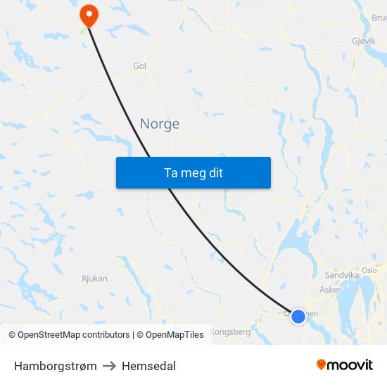 Hamborgstrøm to Hemsedal map