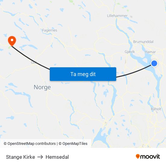 Stange Kirke to Hemsedal map