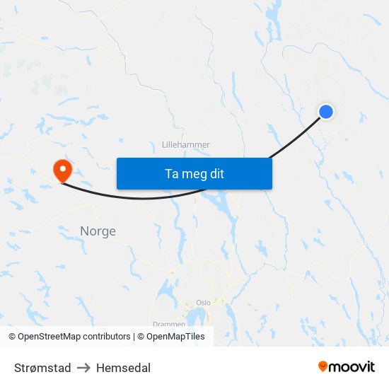 Strømstad to Hemsedal map