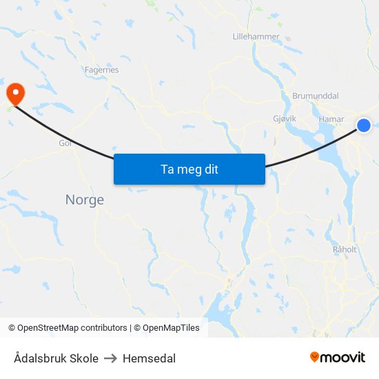 Ådalsbruk Skole to Hemsedal map