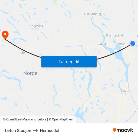 Løten Stasjon to Hemsedal map