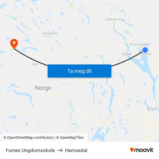 Furnes Ungdomsskole to Hemsedal map