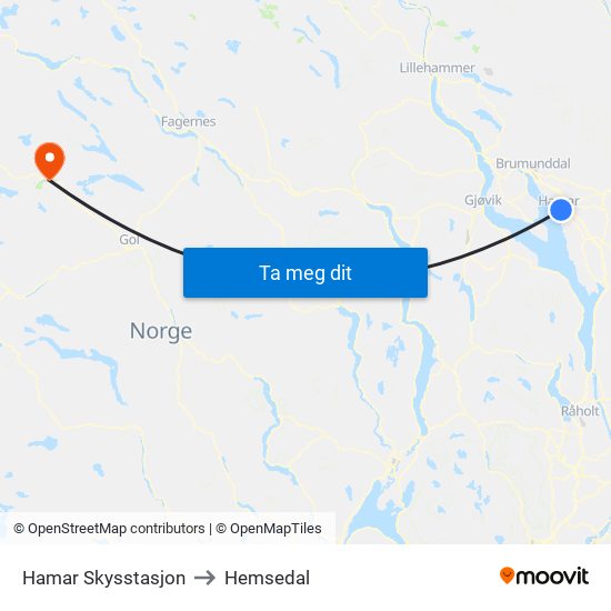 Hamar Skysstasjon to Hemsedal map