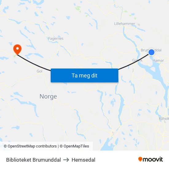 Biblioteket Brumunddal to Hemsedal map