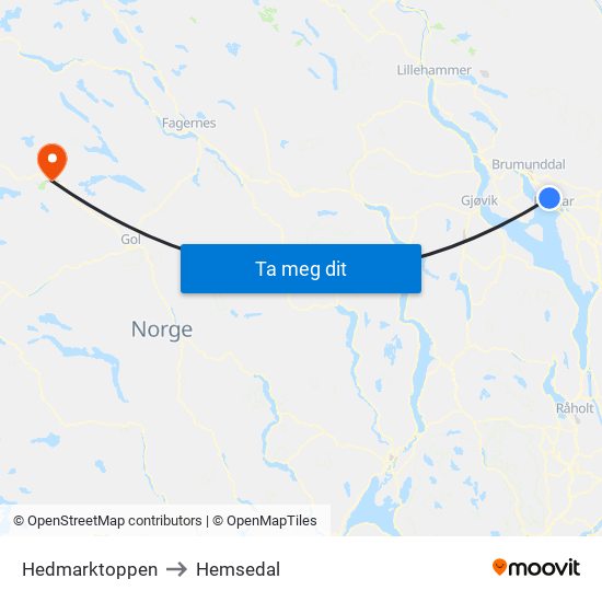 Hedmarktoppen to Hemsedal map