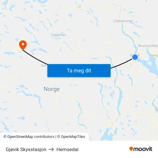 Gjøvik Skysstasjon to Hemsedal map