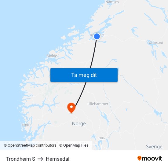 Trondheim S to Hemsedal map