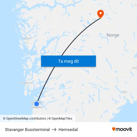 Stavanger Bussterminal to Hemsedal map