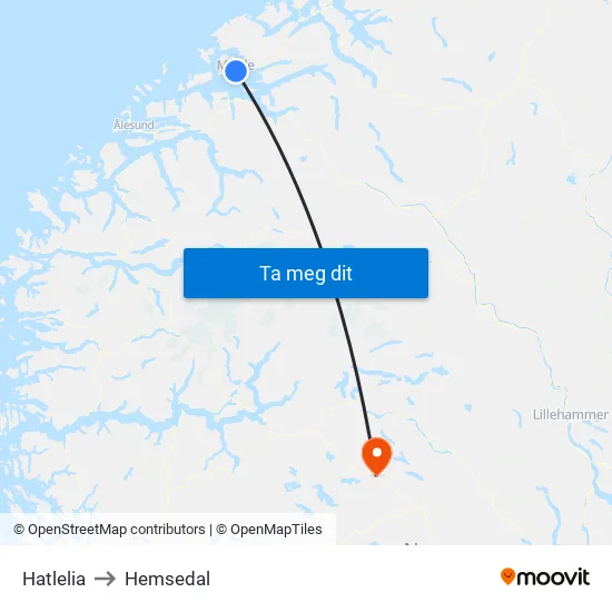 Hatlelia to Hemsedal map