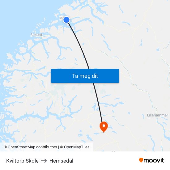 Kviltorp Skole to Hemsedal map