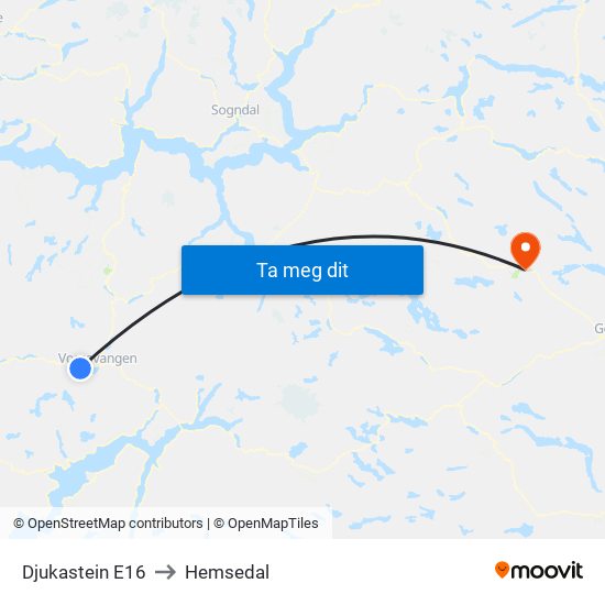 Djukastein E16 to Hemsedal map