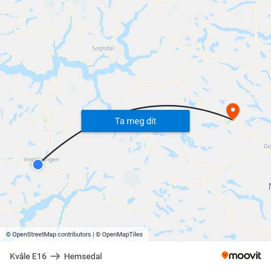 Kvåle E16 to Hemsedal map