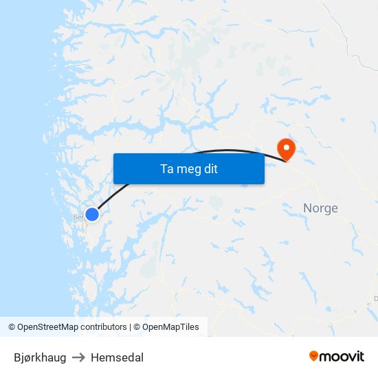Bjørkhaug to Hemsedal map