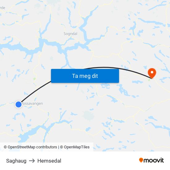 Saghaug to Hemsedal map