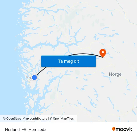 Herland to Hemsedal map