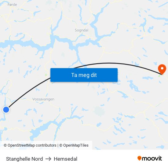 Stanghelle Nord to Hemsedal map