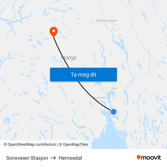 Sonsveien Stasjon to Hemsedal map