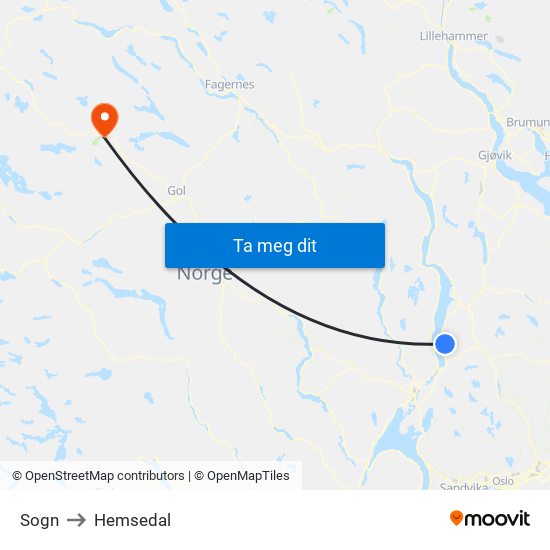 Sogn to Hemsedal map