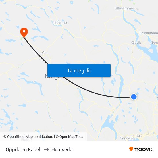 Oppdalen Kapell to Hemsedal map