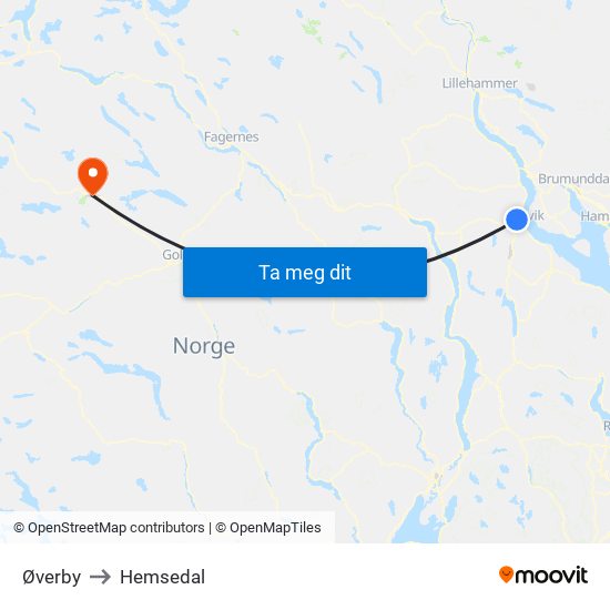 Øverby to Hemsedal map