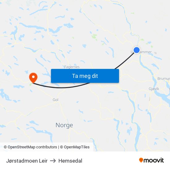 Jørstadmoen Leir to Hemsedal map