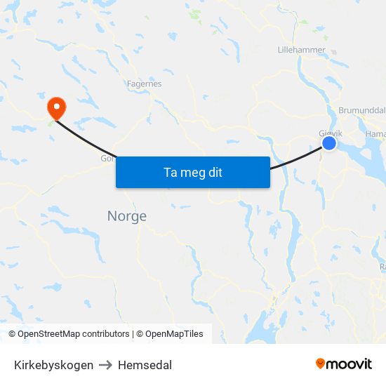 Kirkebyskogen to Hemsedal map