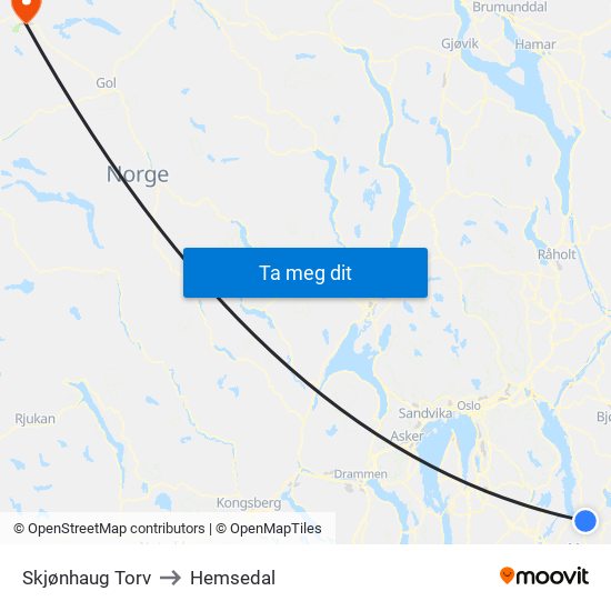 Skjønhaug Torv to Hemsedal map