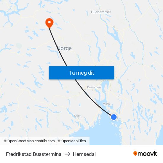 Fredrikstad Bussterminal to Hemsedal map