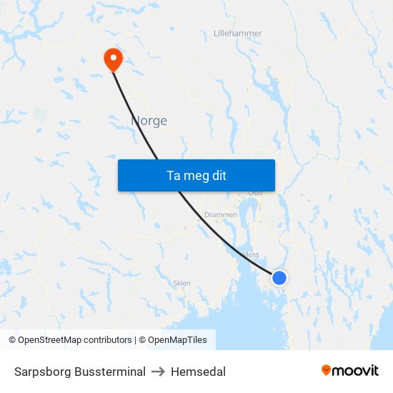 Sarpsborg Bussterminal to Hemsedal map