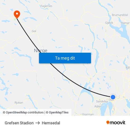 Grefsen Stadion to Hemsedal map