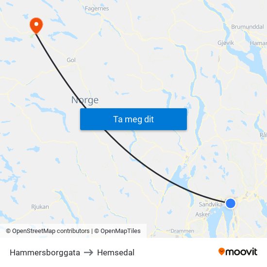 Hammersborggata to Hemsedal map