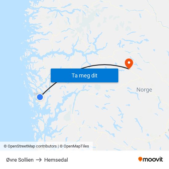 Øvre Sollien to Hemsedal map